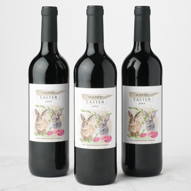 Cute Easter Bunnies | Happy Easter Watercolor Art Wine Label (Bottles)