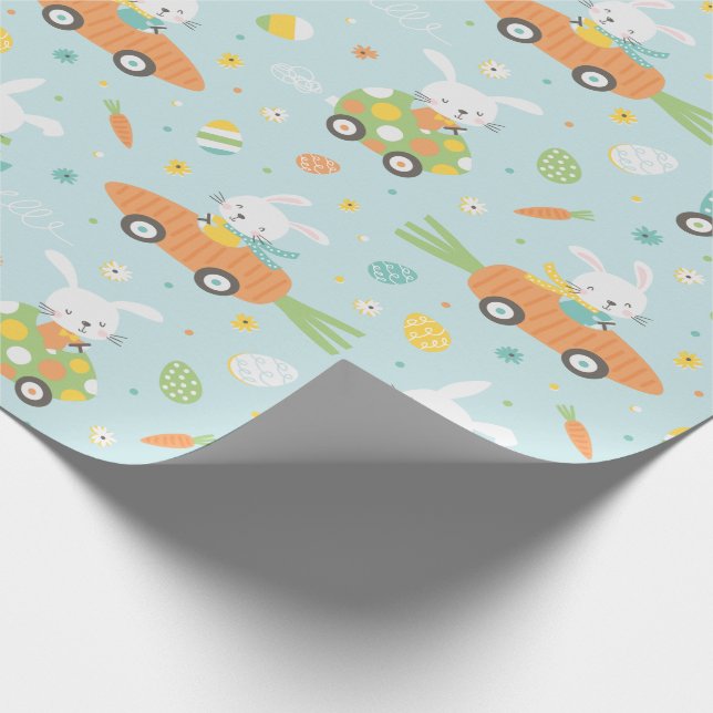 Cute Easter bunnies in carrot and egg cars Wrapping Paper (Corner)