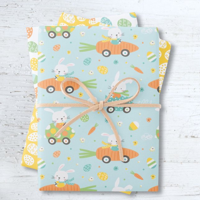 Cute Easter bunnies in carrot and egg cars Wrapping Paper Sheet (Creator Uploaded)