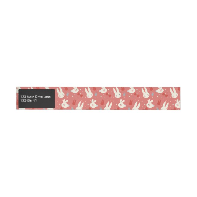 Cute easter bunnies on red background pattern wraparound address label (Individual)