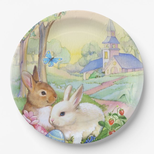 Cute Easter bunnies paper plate (Front)
