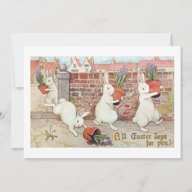 Cute Easter Bunnies Stealing Potted Hyacinths Holiday Card (Front)