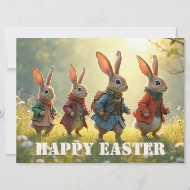Cute Easter Bunnies Walking in Spring Meadow (Front)