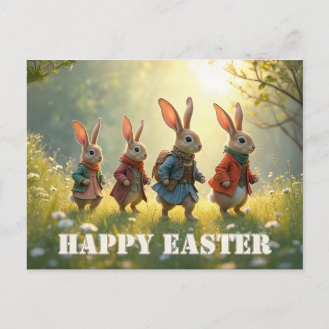 Cute Easter Bunnies Walking in Spring Meadow Postcard (Front)
