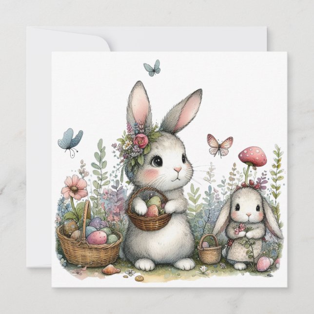 Cute Easter Bunnies with Eggs Whimsical Spring  Card (Front)