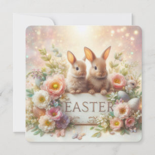 Cute Easter Bunnies with Flowers and Easter Eggs Holiday Card