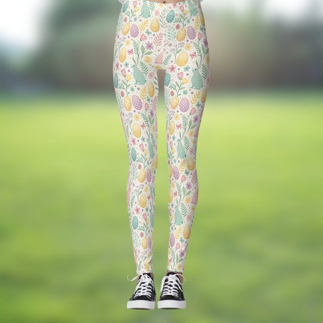 Cute Easter Bunnies with Pastel Eggs and Ferns Leggings (Creator Uploaded)