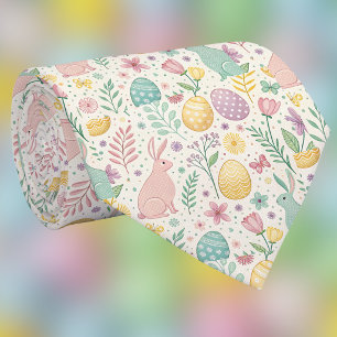 Cute Easter Bunnies with Pastel Eggs and Ferns Tie