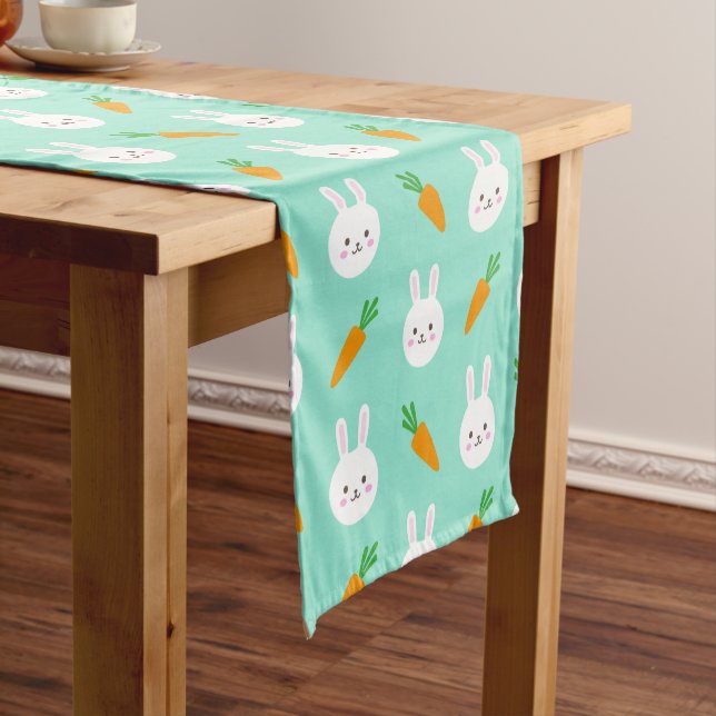 Cute easter bunny and carrots on aqua pattern short table runner (In Situ)