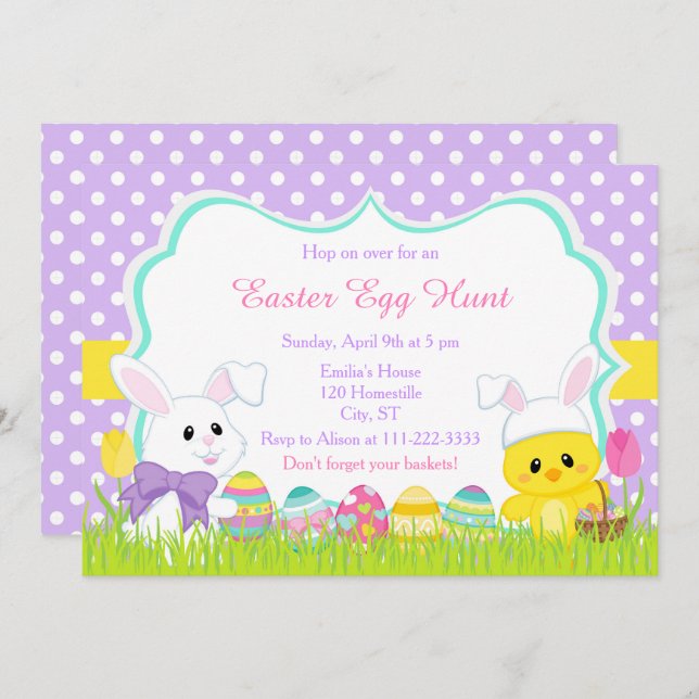 Cute Easter Bunny and Chick Easter Egg Hunt Invitation (Front/Back)