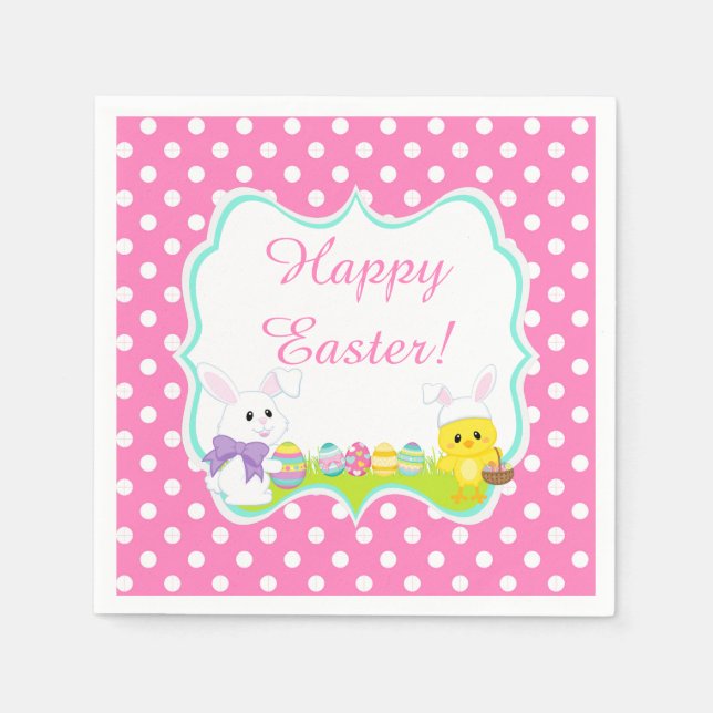 Cute Easter Bunny and Chick Easter Egg Hunt Napkin (Front)