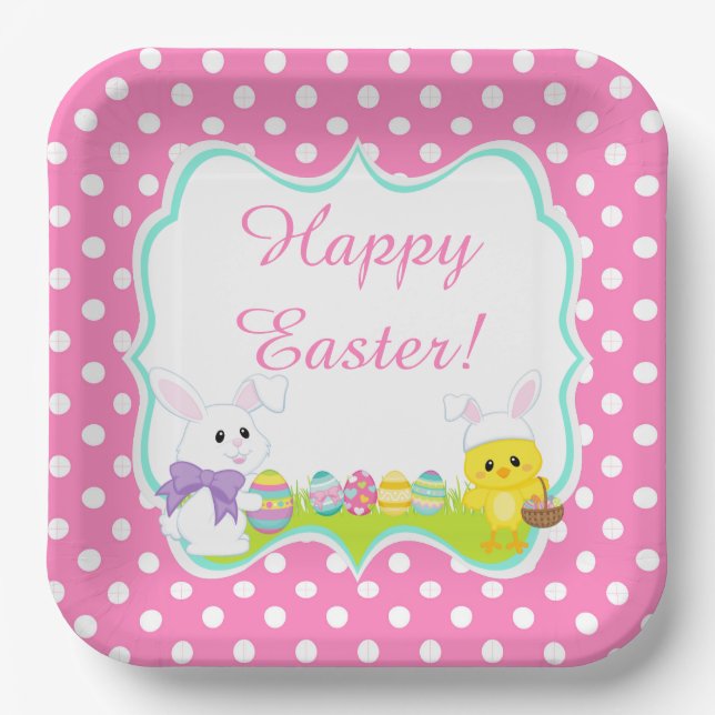 Cute Easter Bunny and Chick Easter Egg Hunt Paper Plate (Front)