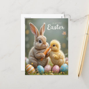Cute Easter Bunny and Chick  Holiday Postcard