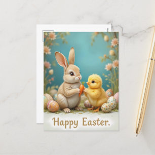 Cute Easter Bunny and Chick Pastel  Holiday Postcard