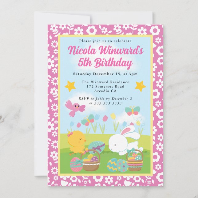 Cute Easter Bunny and Chick Spring Kids Birthday  Invitation (Front)