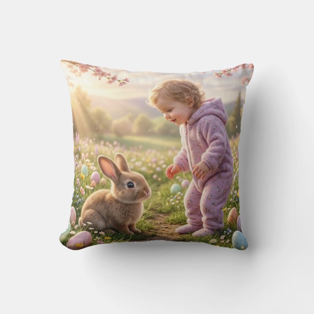 Cute Easter Bunny and Child Cushion (Front)
