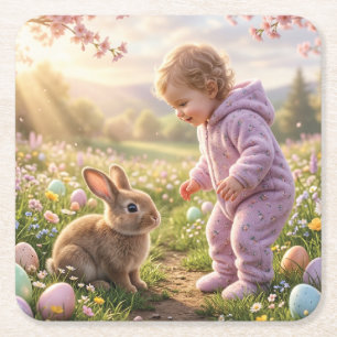 Cute Easter Bunny and Child Square Paper Coaster