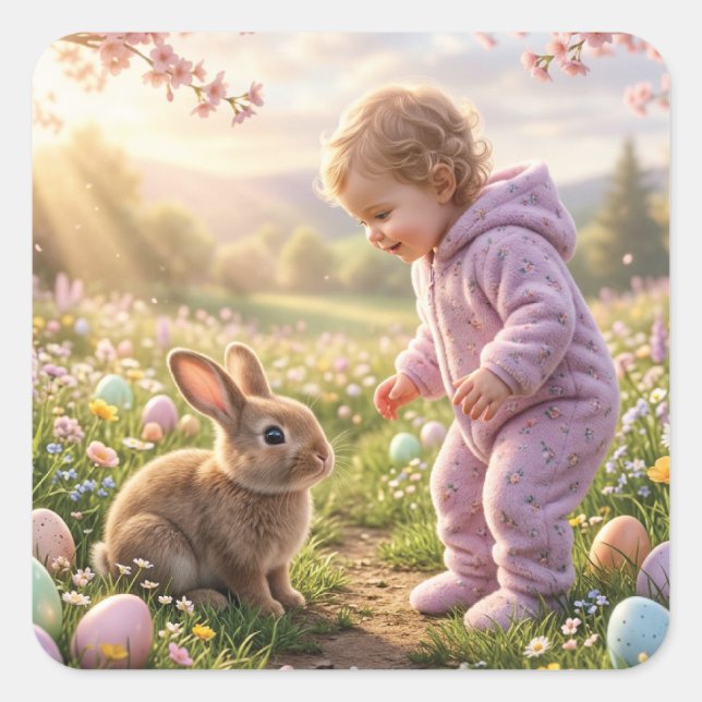 Cute Easter Bunny and Child Square Sticker (Front)