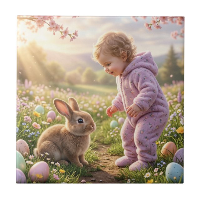 Cute Easter Bunny and Child Tile (Front)
