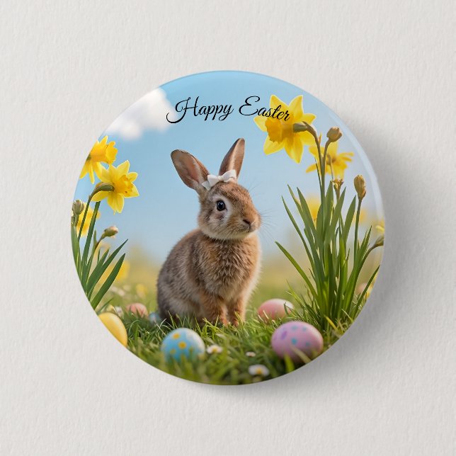 Cute Easter Bunny and Daffodil  6 Cm Round Badge (Front)