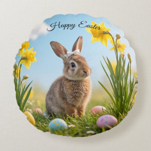 Cute Easter Bunny and Daffodil  Round Cushion