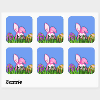 Cute Easter Bunny and Eggs in Grass Square Sticker
