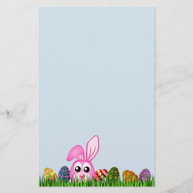 Cute Easter Bunny and Eggs in Grass Stationery (Front)