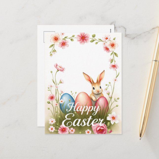 Cute Easter Bunny and Eggs Spring Holiday Wishes Postcard (Front/Back In Situ)
