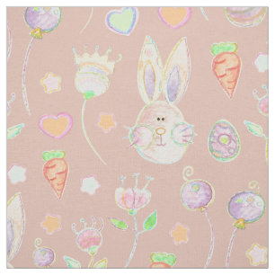 Cute Easter Bunny and Flowers Watercolor Pattern Fabric