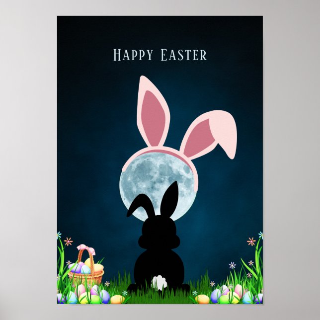 Cute Easter Bunny and Full Moon Happy Easter Poster (Front)