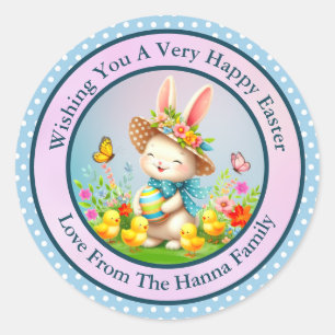 Cute Easter Bunny and Happy Spring Flowers Holiday Classic Round Sticker