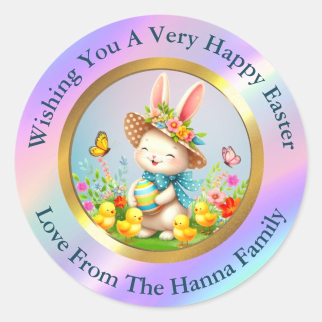 Cute Easter Bunny and Happy Spring Flowers Holiday Classic Round Sticker (Front)
