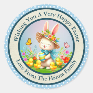Cute Easter Bunny and Happy Spring Flowers Holiday Classic Round Sticker