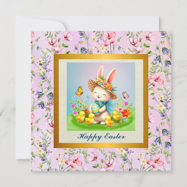 Cute Easter Bunny and Happy Spring Flowers Holiday Invitation (Front)