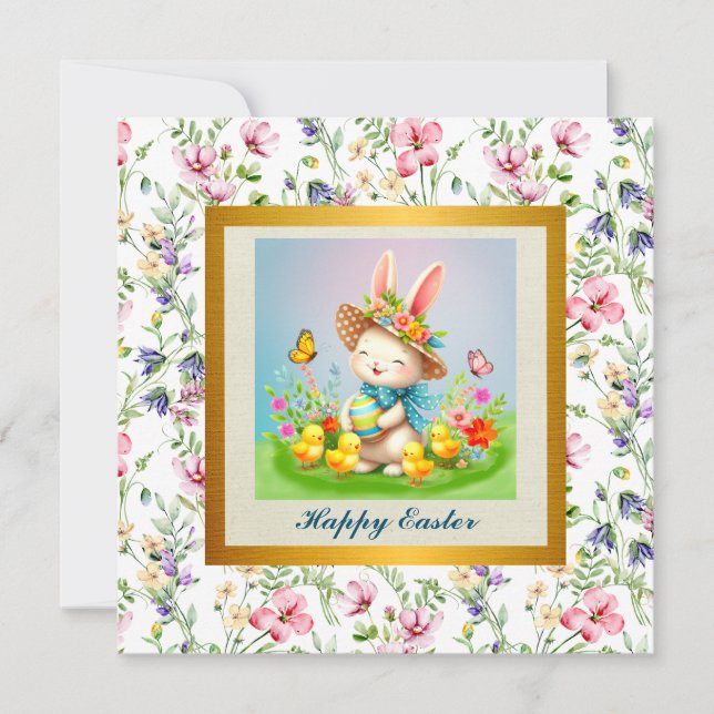 Cute Easter Bunny and Happy Spring Flowers Holiday Invitation (Front)