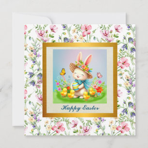 Cute Easter Bunny and Happy Spring Flowers Holiday Invitation