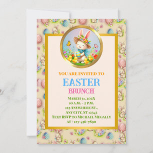 Cute Easter Bunny and Happy Spring Flowers Holiday Invitation