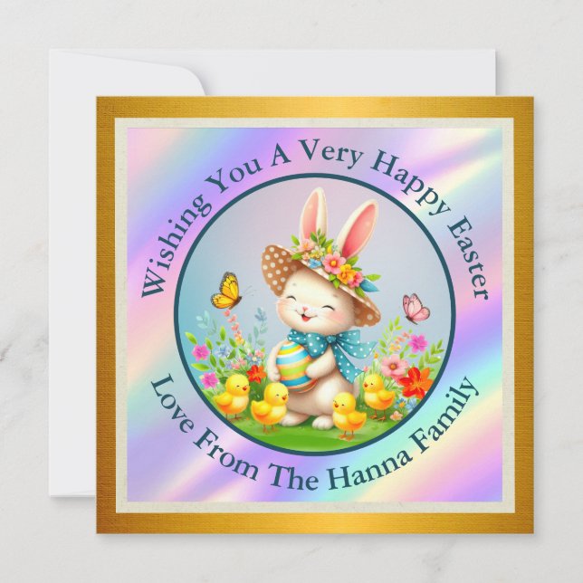 Cute Easter Bunny and Happy Spring Flowers Holiday Invitation (Front)