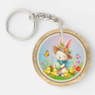 Cute Easter Bunny and Happy Spring Flowers Holiday Key Ring