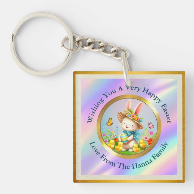 Cute Easter Bunny and Happy Spring Flowers Holiday Key Ring (Front)