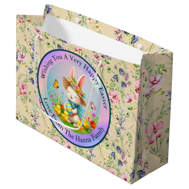Cute Easter Bunny and Happy Spring Flowers Holiday Large Gift Bag (Front Angled)