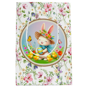 Cute Easter Bunny and Happy Spring Flowers Holiday Medium Gift Bag