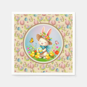 Cute Easter Bunny and Happy Spring Flowers Holiday Napkin