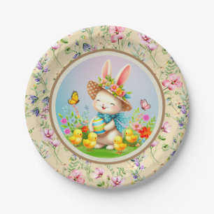 Cute Easter Bunny and Happy Spring Flowers Holiday Paper Plate