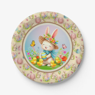 Cute Easter Bunny and Happy Spring Flowers Holiday Paper Plate