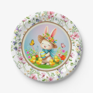 Cute Easter Bunny and Happy Spring Flowers Holiday Paper Plate