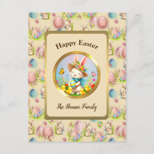Cute Easter Bunny and Happy Spring Flowers Holiday Postcard