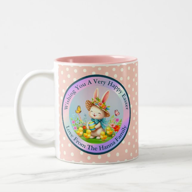 Cute Easter Bunny and Happy Spring Flowers Holiday Two-Tone Coffee Mug (Left)