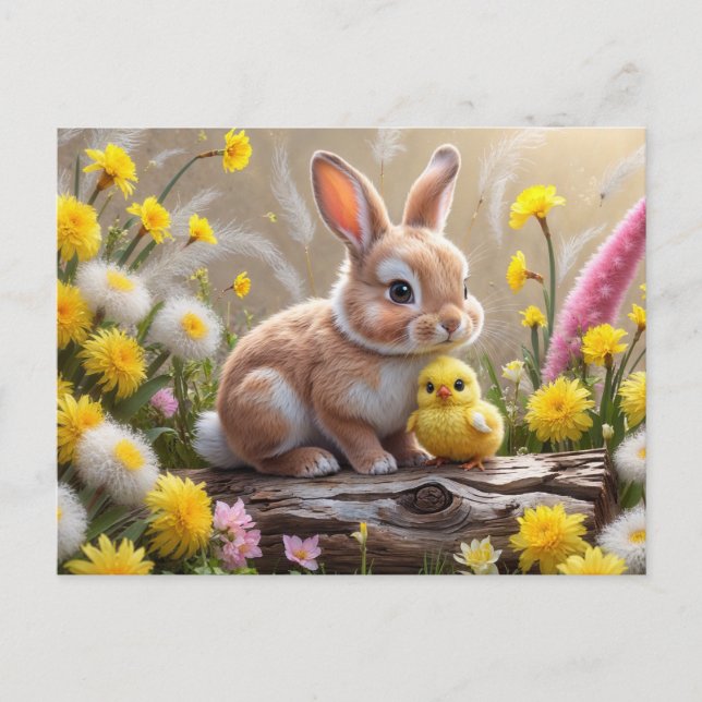 Cute Easter Bunny and Yellow Baby Chick  Holiday Postcard (Front)