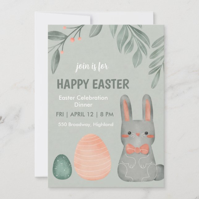 Cute Easter Bunny Celebration Dinner Invitation (Front)